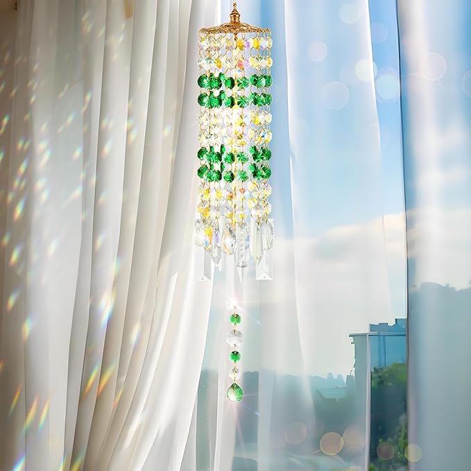 Crystal Wind Chimes for Outside with Rainbow Light Reflections Glass Bells and Rose Gold Alloy Hooks Indoor Outdoor Decor for Home Garden Patio Porch Birthday House Warming (Green)