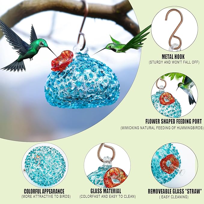 Hand Blown Glass Hummingbird Feeder for Outdoors Hanging Glass Humming Bird Feeder for Garden Backyard Decor