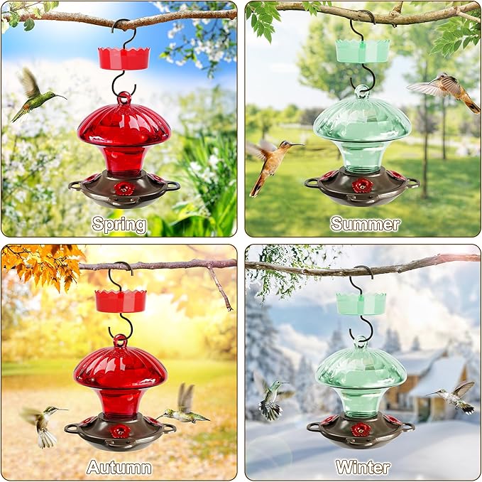 Hummingbird Feeder, Auslar 15 Ounces Glass Hummingbird Feeders for Outdoors Hanging Ant and Bee Proof, Ant Moat & 4 Flower Feeding Ports, Rustproof, Leakproof, Mushroom Shape, Red