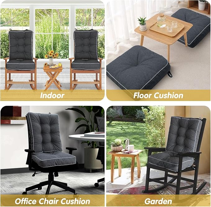 YZ HOME Rocking Chair Cushion, Set of Thicken Seat & Back Chair Cushions with Memory Foam, Non-Slip Chair Pad with Ties for for Indoor&Outdoor Rocker, Dark Grey, 28 * 18 * 5/18x18x5