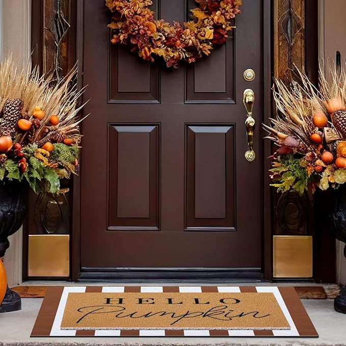 Tinideya 2 Pcs Fall Door Mat Hello Pumpkin Welcome Non Slip Coir Mats Thanksgiving Brown White Stripe Harvest Floor Layering Doormats Seasonal for Front Porch Entryway Decor(Brown White)