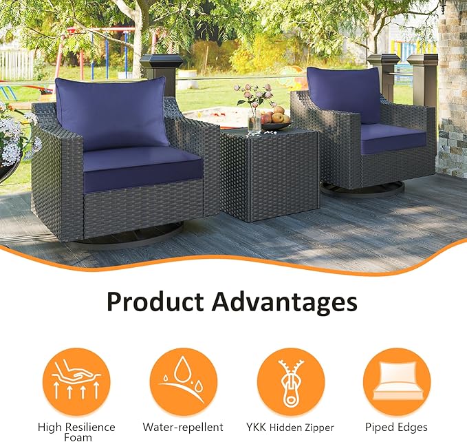 Outdoor Patio Chair Cushions Set, 24" x 24", Set of 2, Water-Repellent, Fade Resistant, Deep Seat Bottom and Back Cushion for Backyard, Couch, Sofa and Patio Furniture, Navy