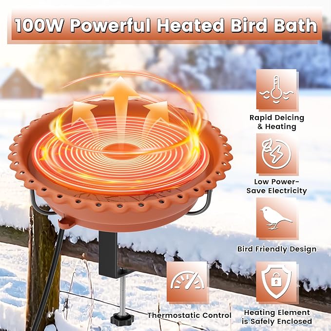 Heated Bird Bath for Outdoors, Upgraded 100W Thermostatically Controlled Heated Bird Baths for Deck Railing Large Capacity Heated Birdbath for Outside Winter Garden Yard Patio Lawn (Brown)