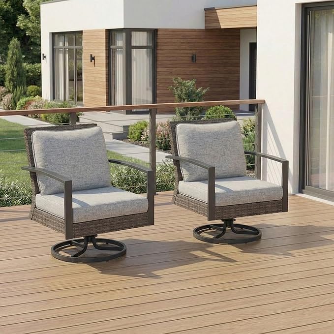 Green4ever Patio Swivel Dining Chairs Set of 2 with 360-Degree Rotating, Metal Outdoor Rocking Chair, All Weather Rattan Patio Chairs for Porch, Bistro, Balcony, Gray