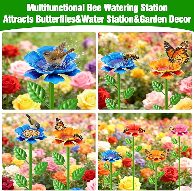 4 Pack Bee Watering Station, Metal Bee Water Station with Flower Design Colorful Butterfly Bath Bowl Drinking Feeder Cups for Outdoor Garden Yard Decor (Red,Pink,Blue,Yellow)