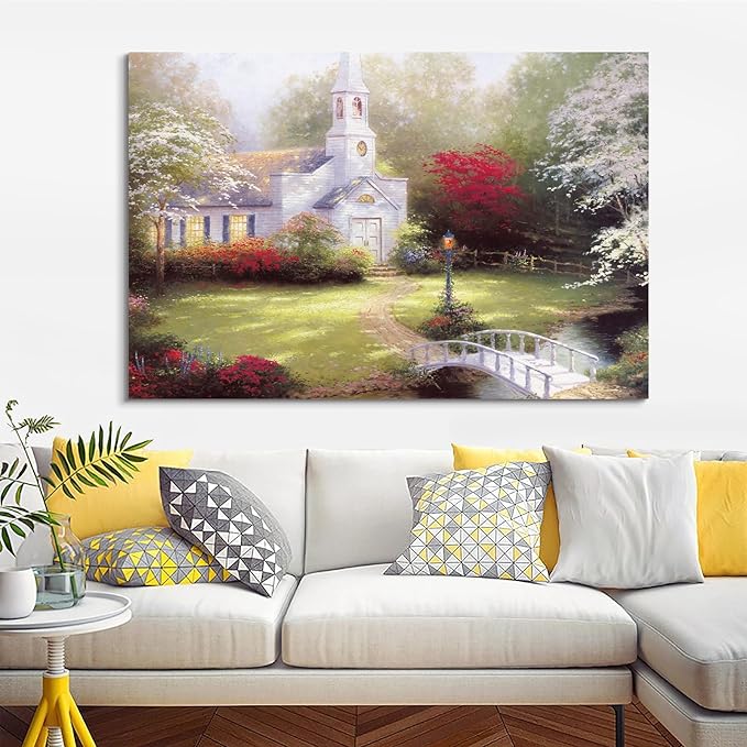 STUDIO HAVEN Thomas Kinkade Canvas Wall Art, White Church Flower-Lined Path Stone Bridge Stream Serene Morning Oil Painting Poster Landscape Wall Decor, Framed Prints for Home Decor, 48x32Inch
