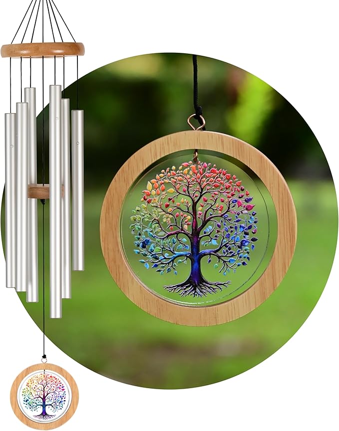Wind Chimes for Outside, Wind Chimes Outdoor Clearance, Deep Tone Outdoors, Tree of Life Wind Chime, Memorial, Sympathy Gift, Patio, Porch, Home Décor, Modern, Acrylic Art, Silver (34" Tree of Life)