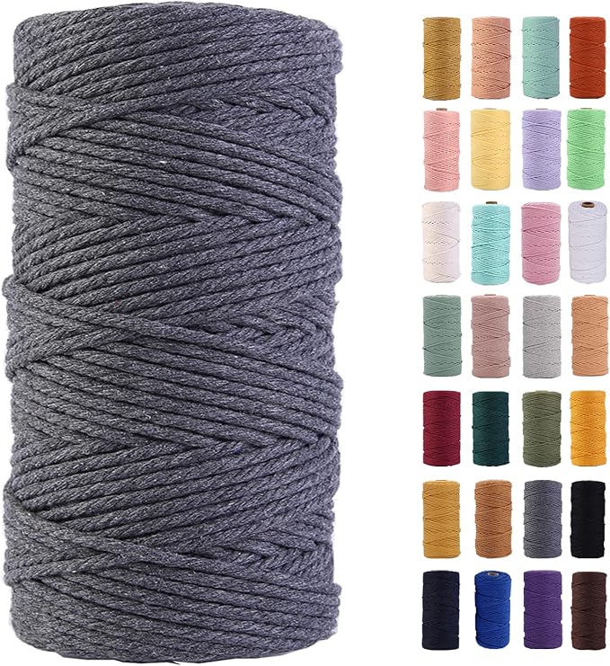 Grey Macrame Cord 3mm x 109Yards,Colored Cotton Rope Colorful Cotton Cord Soft Craft Cord Twine for Wall Hanging Plant Hangers Crafts Decorative Projects