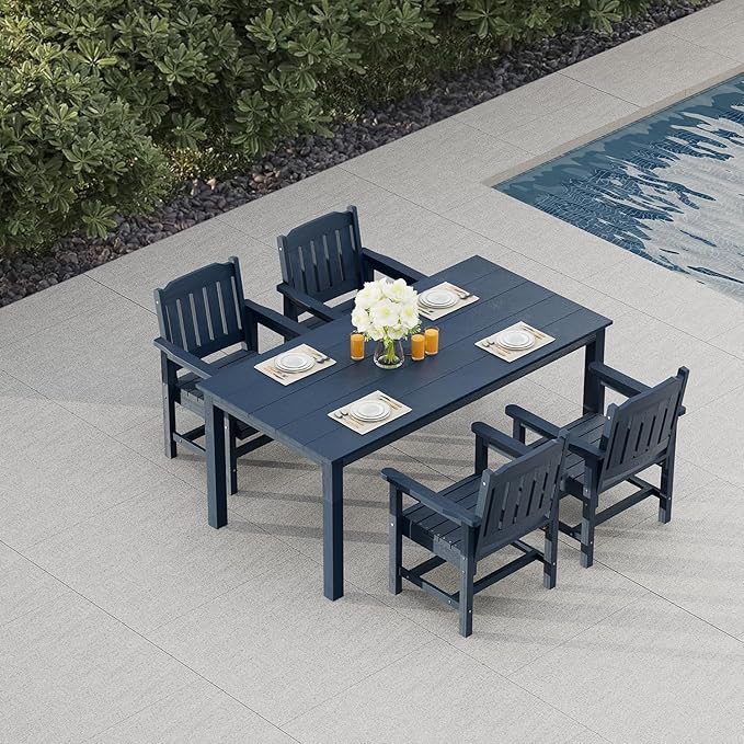 Poly Lumber Patio Dining Set, HIPS Outdoor 70.9-Inches Dining Table and Slat Back Chairs, with Umbrella Hole, Weather Resistant (Navy Blue, 5 Piece)