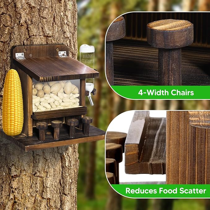 Squirrel Feeders for Outside, Wooden Squirrel Feeder Squirrel Houses for Outdoors Squirrel Picnic Table Feeder with Water Feeder for Peanuts Nuts Corn Cobs Holder