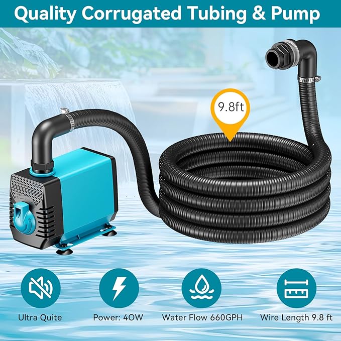 POPOSOAP Pond Waterfall with Pump Kit, 304 Stainless Steel Waterfall Spillway with 40W 660GPH Pump, Pond Spillway with 9.8FT Corrugated Tubing for Garden (12inch)-P43