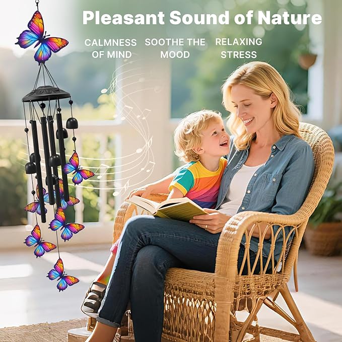 Butterfly Wind Chimes for Outside, Black Metal Windchimes Outdoors, Butterflies Gifts for Women/Men, Garden/Yard Decor, Memorial/Birthday Gifts for Grandma/Mom, Durable Chimes for Outdoors