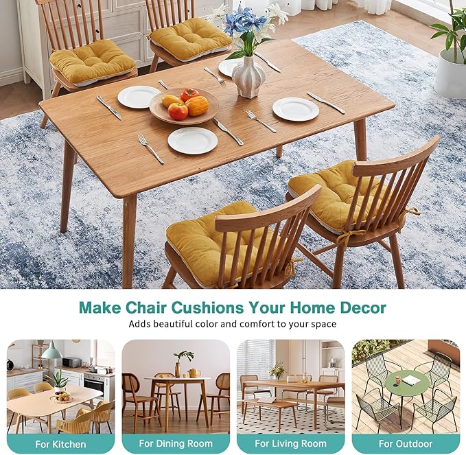 BETU Chair Cushions for Dining Chairs Set of 4,3.5" Thick Kitchen Table Chair Pads with Ties,Non Slip Backing and Covers, Seat Cushion for Dining Room,Bar,Patio Chairs,16"X16"X3.5",Yellow