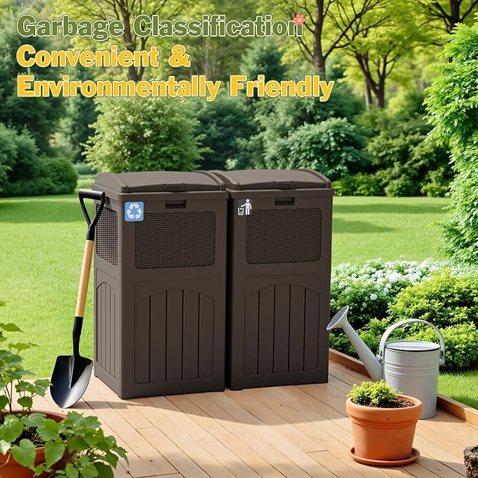 Greesum 33 Gallon Outdoor Trash Can with Lid, Waterproof Resin Garbage Bin for Hideaway, Deck, Patio, 2 Pack, Dark Brown