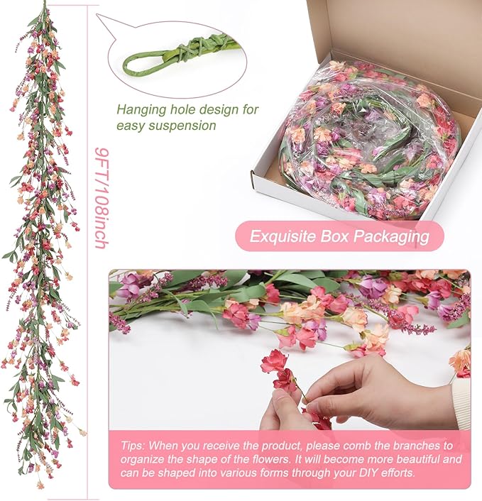 Artgar Flower Garland 9Ft Spring/Summer Garland Floral Garlands for Mantle All Year Round Paper Garlands Decor for Indoor Outdoor Home Wedding Arch Porch Stair Year Round Decor (Red&Orange&Purple)