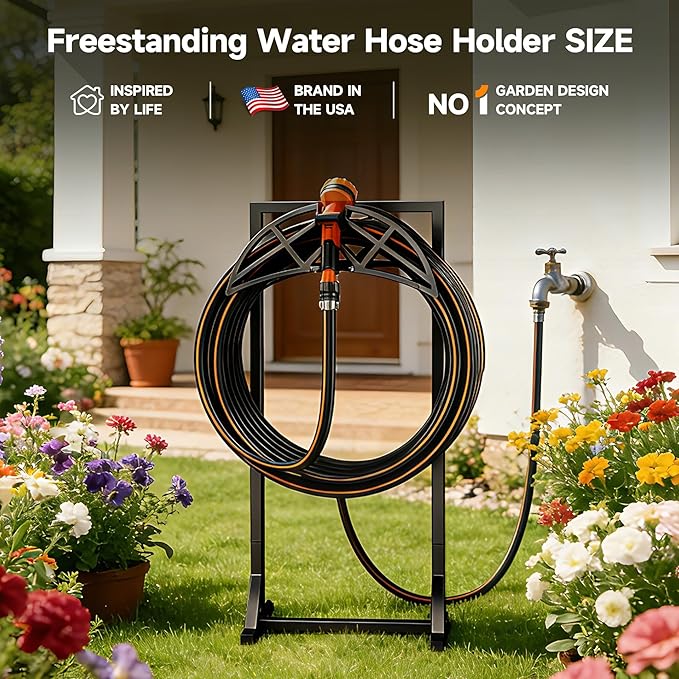 Garden Hose Holder, Heavy-Duty Metal Stand with Stable Base & 2 Tool Hooks, Freestanding Storage Rack for Outside, Holds 150ft – Hose Holders for Yard & Lawn