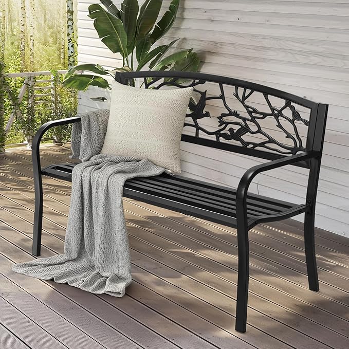 VINGLI Outdoor Bench for Patio Metal Garden Bench w/PVC Back Pattern, Black Park Benches Front Porch Benches for Yard Lawn Decor Deck Entryway (Black-Bird)