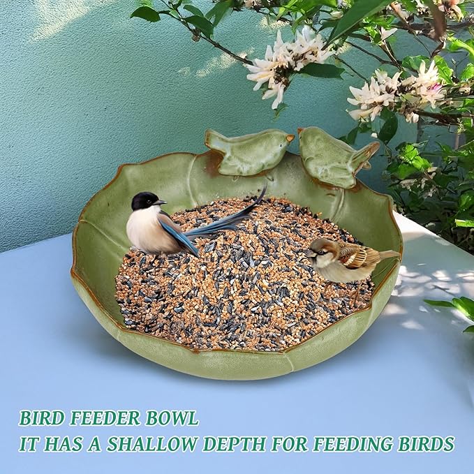 Ceramic Bird Bath Bowl for Outdoors, 9.45-Inch Ground & Tabletop Garden Decor, Weather-Resistant Birdbath for Deck, Balcony, Lawn - Easy Clean Bowl Only - Sage Color