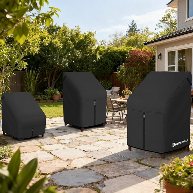 Porch Shield Patio Stackable Chair Covers - Waterproof Outdoor Stack of Chair Cover - 27W x 36D x 46H inch, Black