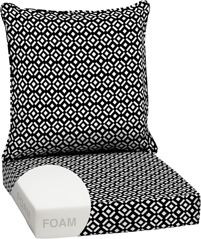 Arden Outdoor Foam Deep Seat Cushion Set, 24 in x 24 in, Weather-Proof, Rain-Proof, Fade Resistant Patio Cushion, Bottom and Back Cushion for Chair, Sofa, and Couch Black Demi Tile