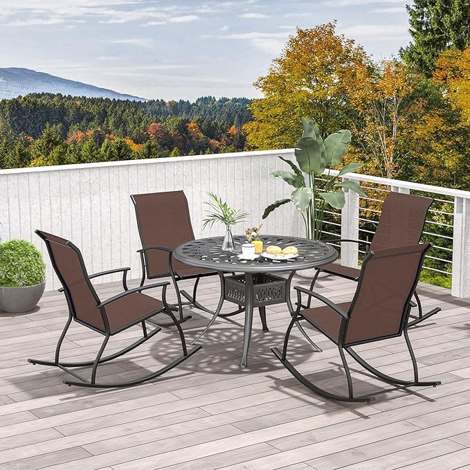 Giantex Outdoor Rocking Chair Set of 4 - Patio Rocking Chairs w/Breathable Backrest, Sturdy Metal Frame & Safe Ergonomic Design, Cozy Fabric Rocker for Backyard, Poolside, 330 lbs, Brown