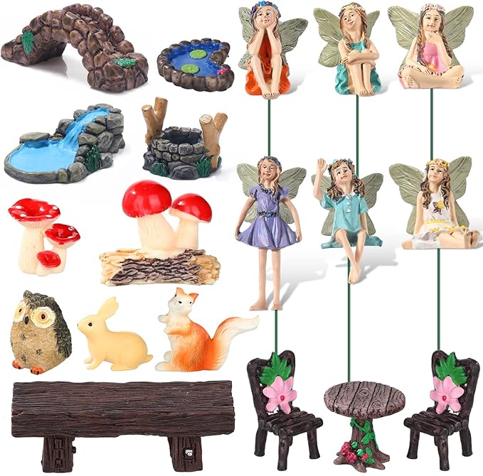 Roowest 19 Pcs Miniatures Garden Fairies Kit Garden Accessories Miniatures Bunny Squirrel Owl Animals Cute Tiny Mushroom Mini Pond Bridge Figurine for DIY Home Micro Landscape Terrarium Ornaments