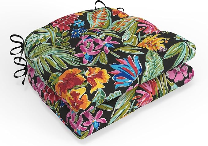 Pillow Perfect Tropic Floral Indoor/Outdoor Chairpad with Ties, Tufted, Weather, and Fade Resistant, 17" x 17.5", Paradise Island Black, 2 Count