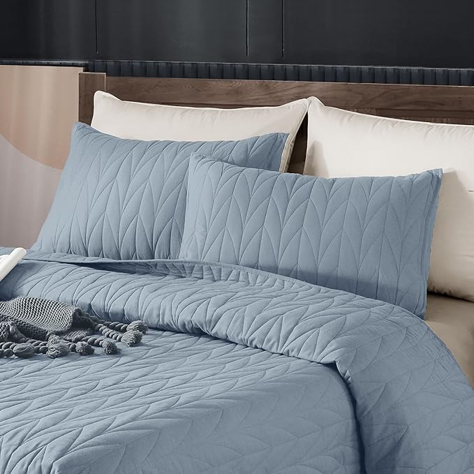Wonderful 100% Cotton Blue Quilt Set King Size,200 GSM Cotton Fill Comforter,Pre-Washed 3 Piece Ultra Soft Lightweight Bedspread with Pillow Shams,Stitching Geometric Pattern Modern Style