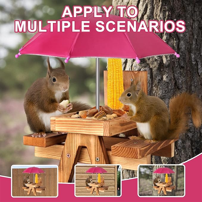 Gnodary Squirrel Feeder with Umbrella, Squirrel Feeders for Outside, Squirrel Picnic Table Feeder - Chipmunk Feeder Hold Corn, Corn Cob, Peanuts (Dark-Pink)