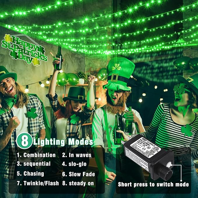 262FT 800 LED Outdoor String Lights, Connectable St Patricks Day Lights Waterproof with 8 Modes, Plug in Clear Wire Twinkle Lights for Indoor Bedroom House Wedding Party Decorations, Green