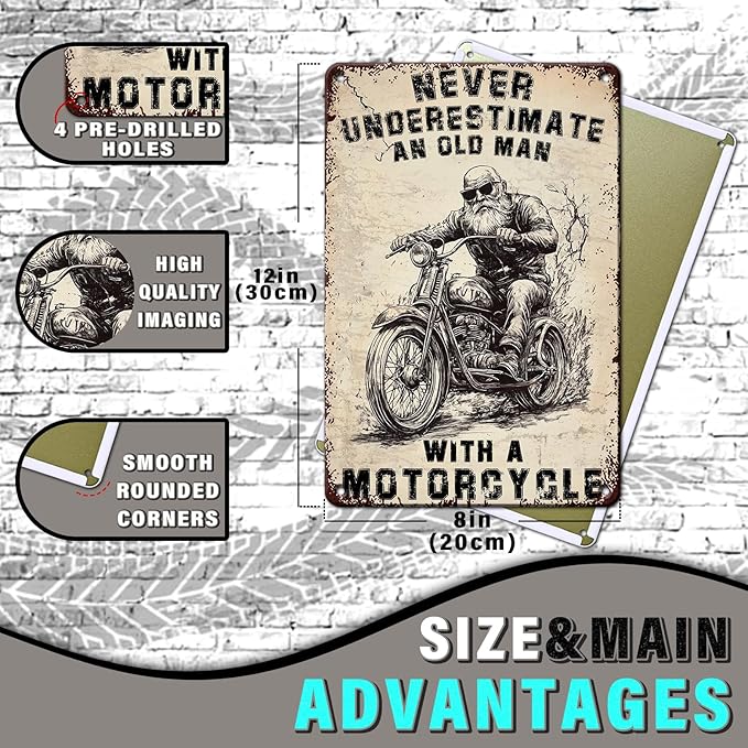 PEACHGARDEN Motorcycle Metal Tin Sign Never Underestimate An Old Man With A Motorcycle Vintage Tin Sign Metal Motorcycle Art Wall Decor Retro Motorcycle Poster Man Cave Motorcycle Metal Tin Sign 8x12inch