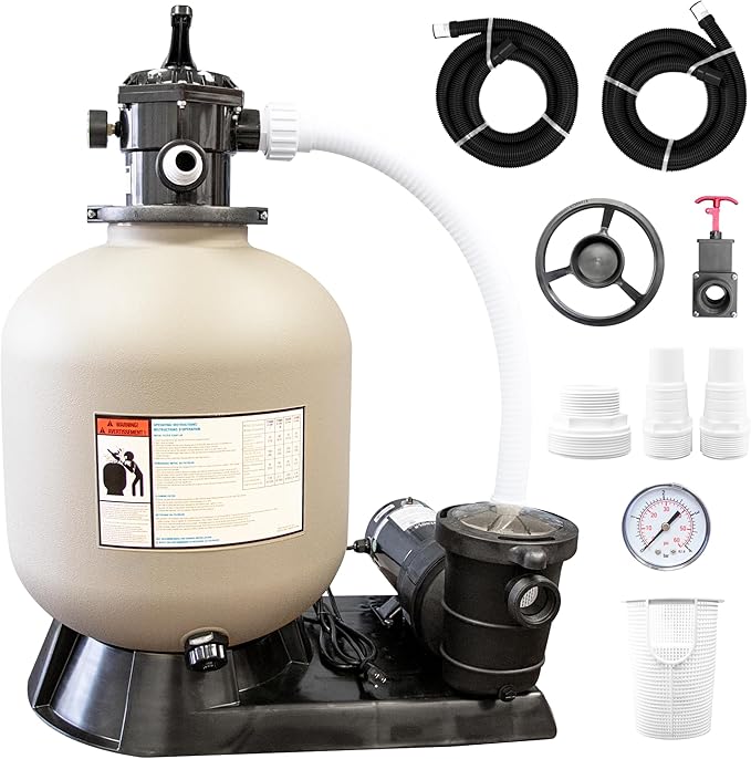 SWIMLINE HYDROTOOLS Pool Sand Filter Pump For Above Ground & Inground Pool | 24 Inch Cleaner System VARIABLE DUAL 2-SPEED 1.5 HP Horsepower 4980 GPH | For Pools Up To 22000 Gallons 7 Way Valve, Beige