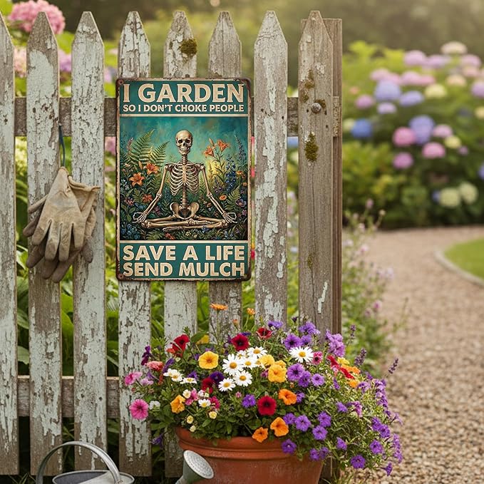 Funny Skeleton Garden Tin Sign - "I Garden So I Don't Choke People" Metal Decor - Meditating Skeleton & Gothic Flowers - Sarcastic Quote for Yard, Fence, Shed - Metal Sign Gift for Gardeners，8x12 inches