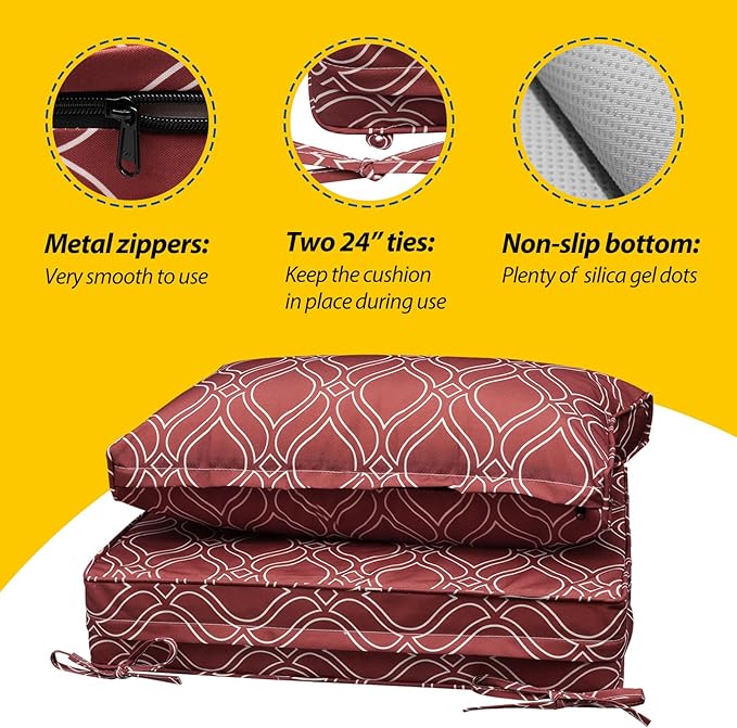 AAAAAcessories Outdoor Seat Cushions for Chairs, Fade-Resistant, Waterproof Patio Furniture Replacement Cushions, 24" x 24" x 5" + 24" x 13.5", Clay Red Vine Trellis