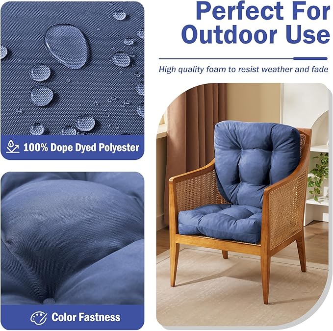 Outdoor Chair Cushions Set of 4, Patio Chair Cushions with Ties, 19x19+5” Tufted Outdoor Seat Cushions, Waterproof Patio Furniture Cushions, Outdoor Dining Chair Pads, Navy