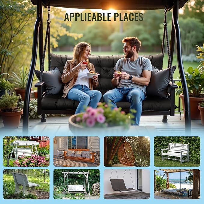 NACATIN 3 Seat Cushion for Outdoor Swing - 60x40 inches, 4" Thick Porch Swing Cushions with Ties and Storage Bag, Waterproof Bench Cushions for Patio, Outdoor, Backyard and Garden (Black)
