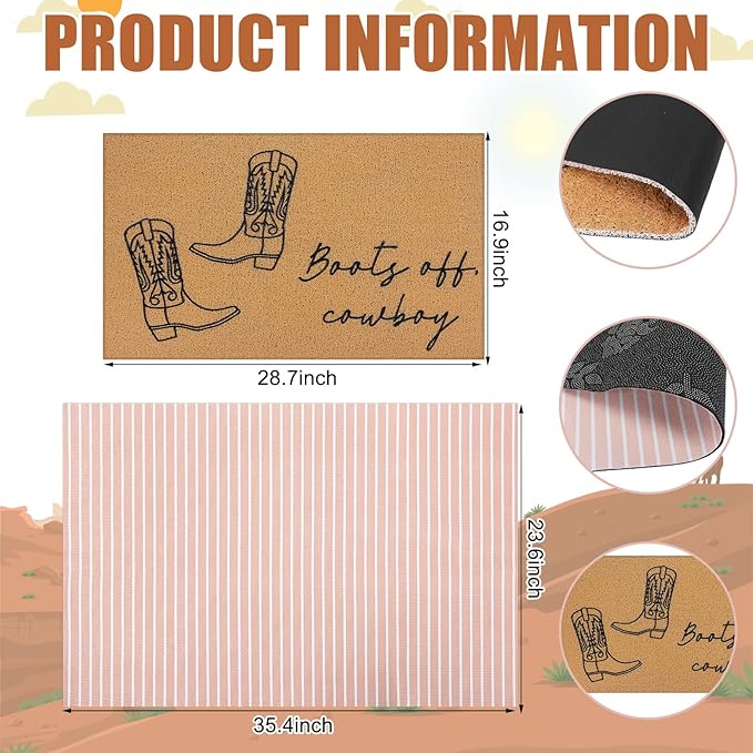 Tinideya 2 Pcs Fall Door Mat Western Cowboy Welcome Non Slip Coir Mats Pink Stripe Floor Layering Doormats Seasonal for Front Porch Entryway Decor(Cowboy)
