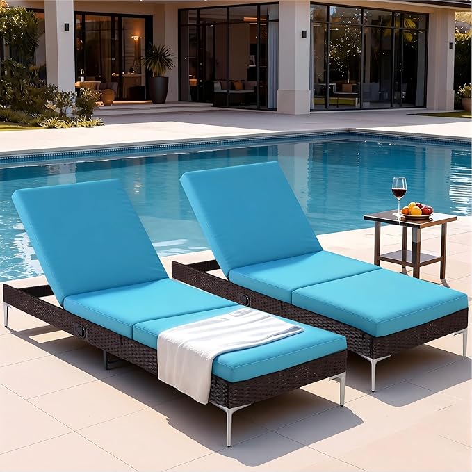 HOMREST Outdoor Lounge Chairs Set of 4, Patio Wicker Chaise Lounge with Removable Cushion, Rattan Pool Sunbathing Recliners with Adjustable Backrest (Turquoise)