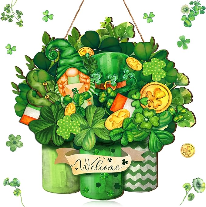 Juexica St. Patrick's Day Welcome Sign Wood Sign Irish Front Door Decor Wood Hanging Door Sign Outdoor Wooden Front Door Decorations for Farmhouse Porch Decoration