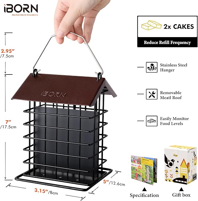 iBorn Suet Feeder for Outside Hanging,Suet Bird Feeders for Outdoors,Suet Holder With Squirrel Proof Hanger Hook,Suet Cage Bird Feeder,Woodpecker Feeder,Weatherproof Metal Roof,All Metal,1 Pack,Coffee