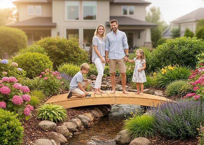 10 FT NATURAL Amish Made Pinewood Heavy Duty Garden Bridge for Walkway, Backyard Pond & Landscaping, Outdoor Wooden Footbridge for Koi Pond, Japanese Style Decorative Bridge, Made in USA
