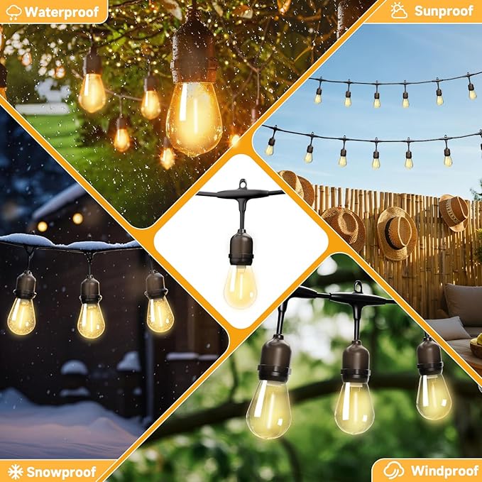 Outdoor Safety String Lights 150FT - Commercial Grade Low Voltage Strand with 60 S14 Shatterproof Bulbs for Tree Garden Yard bistro Cafe | Warm Yellow 3500K Party Lights | IP65 Waterproof | UL Listed