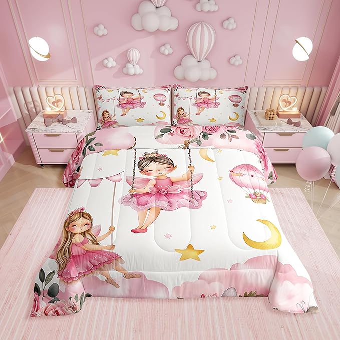 Erosebridal Pink Fairy Floral Queen Comforter Set - Cute Fairies Bedding Sets for Girls Kids, Moon and Stars Bed Set | Flower & Butterfly Kawaii Room Decor with 2 Pillowcases
