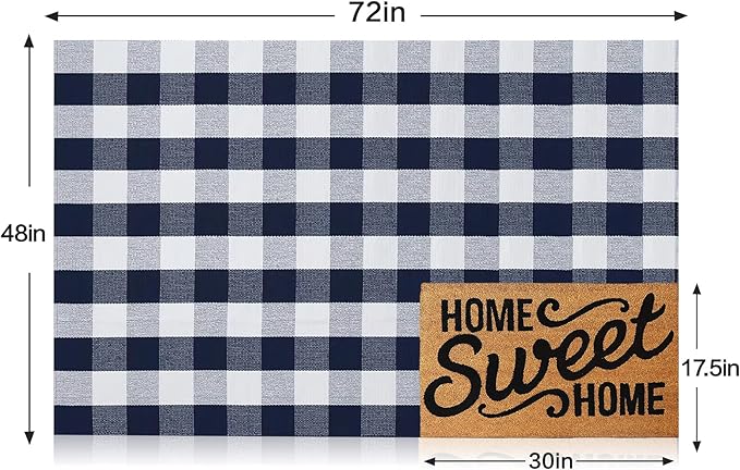 MUBIN Cotton Buffalo Plaid Rug, 4'x6' Navy Blue and White Outdoor Rug Front Door Decorative Mat, Hand-Woven Foldable Rug for Layered Door Mats Washable Carpet for Front Porch, Entryway, Farmhouse