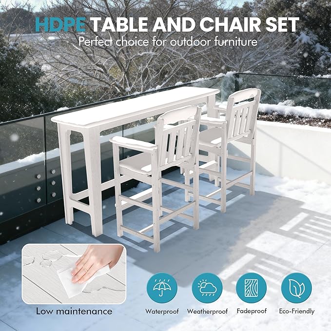 Ciokea 3 Pcs Outdoor Bar Height Table Set, 60" Extra Long Rectangle High Top Table and 2 Oversized Adirondack Chairs Set, Heavy-Duty All-Weather HDPE Patio Bar Set for Backyard Balcony Deck, White