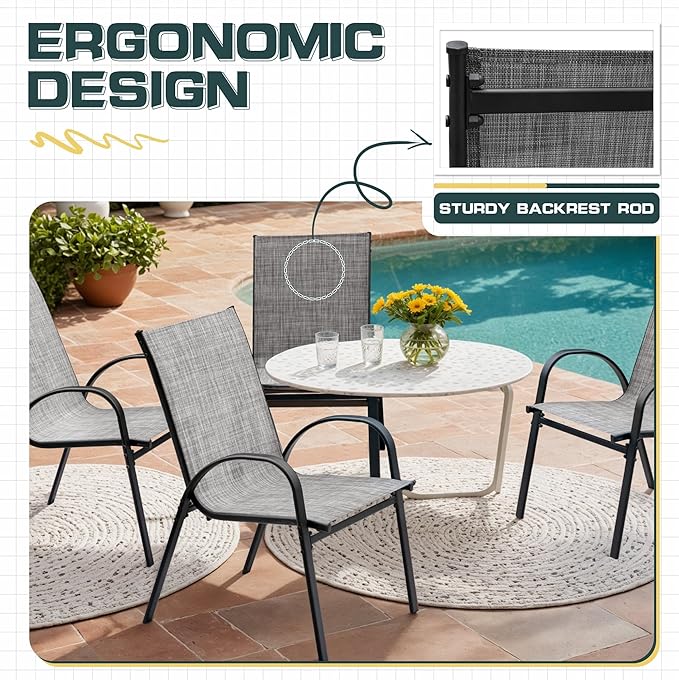 Devoko 4-Pack Stackable Patio Chairs Heavy-Duty Rust-Resistant Outdoor Dining Chairs with Ultra-Comfort Textilene Fabric for Deck, Porch, Garden & Balcony (Grey)
