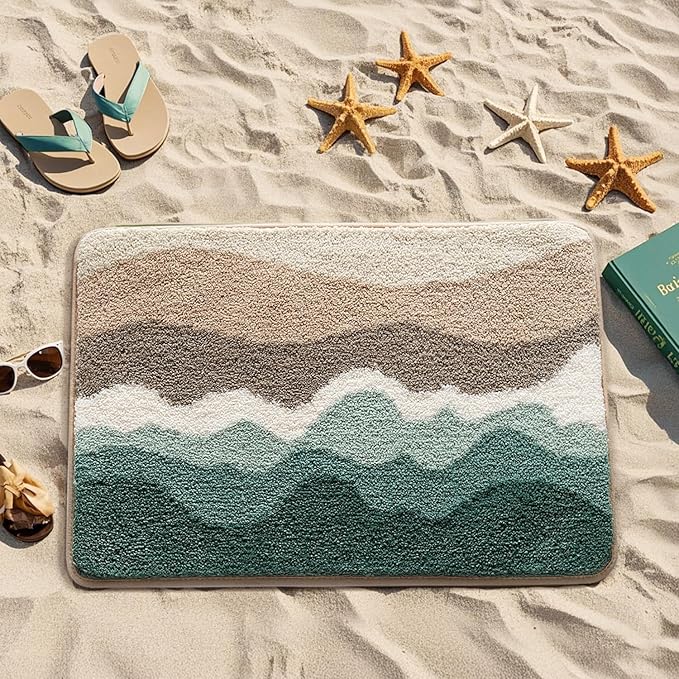 LUMI Beach Bathroom Rugs, Non Slip Bath Mat Ultra Soft Washable Absorbent Quick Dry, Ocean Sea Theme Bath Rug with Starfish Shell for Shower Floor, Kitchen Decor, Kids Room, 20"x32"