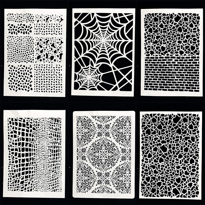 TIAMECH 6 Pcs A4 Reusable Graffiti Stencils for Painting - Mosaic Web Brick Texture Layering Templates, DIY Wall Art, Wood Furniture, Scrapbook & Crafts (8.3x11.7inch)