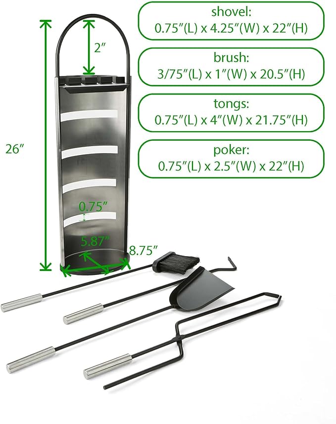 Mind Reader Fireplace Set with Stand, Brush, Shovel Scoop, Poker, Tongs, Durable Steel, 9"L x 6"W x 26.25"H, 4 Pcs, Silver