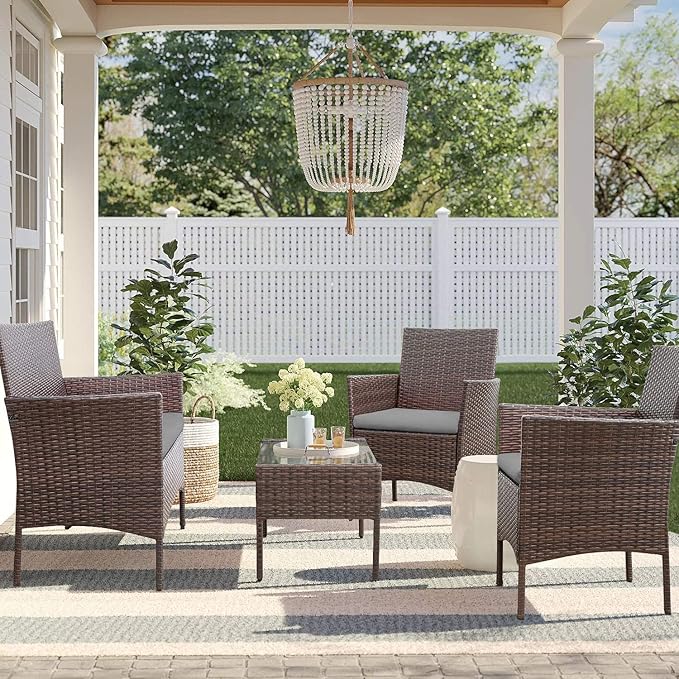 Homall 4 Pieces Outdoor Patio Furniture Sets Rattan Chair Wicker Set, Outdoor Indoor Use Backyard Porch Garden Poolside Balcony Furniture Sets (Grey)